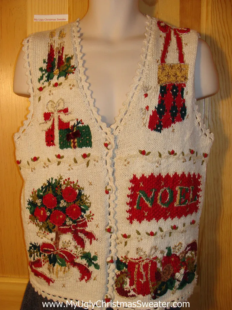 Tacky 80s Style Ugly Christmas Sweater Vest with Horrid Stocking, Gifts, Candles, and NOEL  (f769)