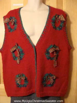 Tacky Cheap Ugly Christmas Sweater Vest with Wreaths and 3D Plaid Bows (f625)