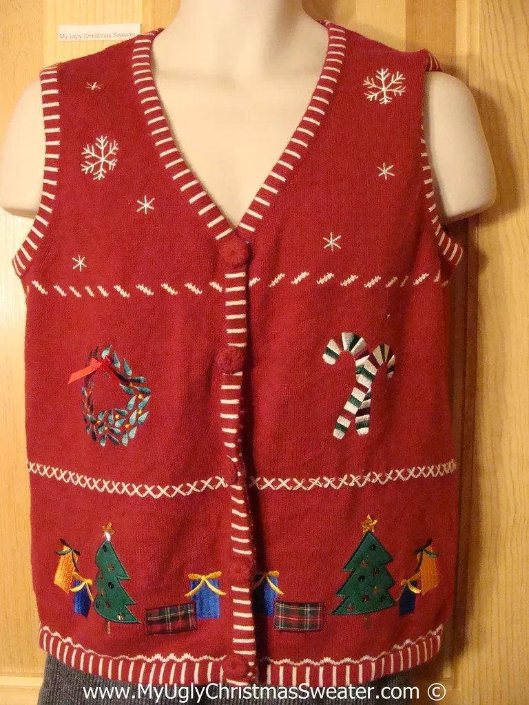 Tacky Cheesy Holiday Sweater Vest with Grid of Snowflakes Candycane Wreath Tree and Gifts and a Crafty Embroidered Trim  (f1157)