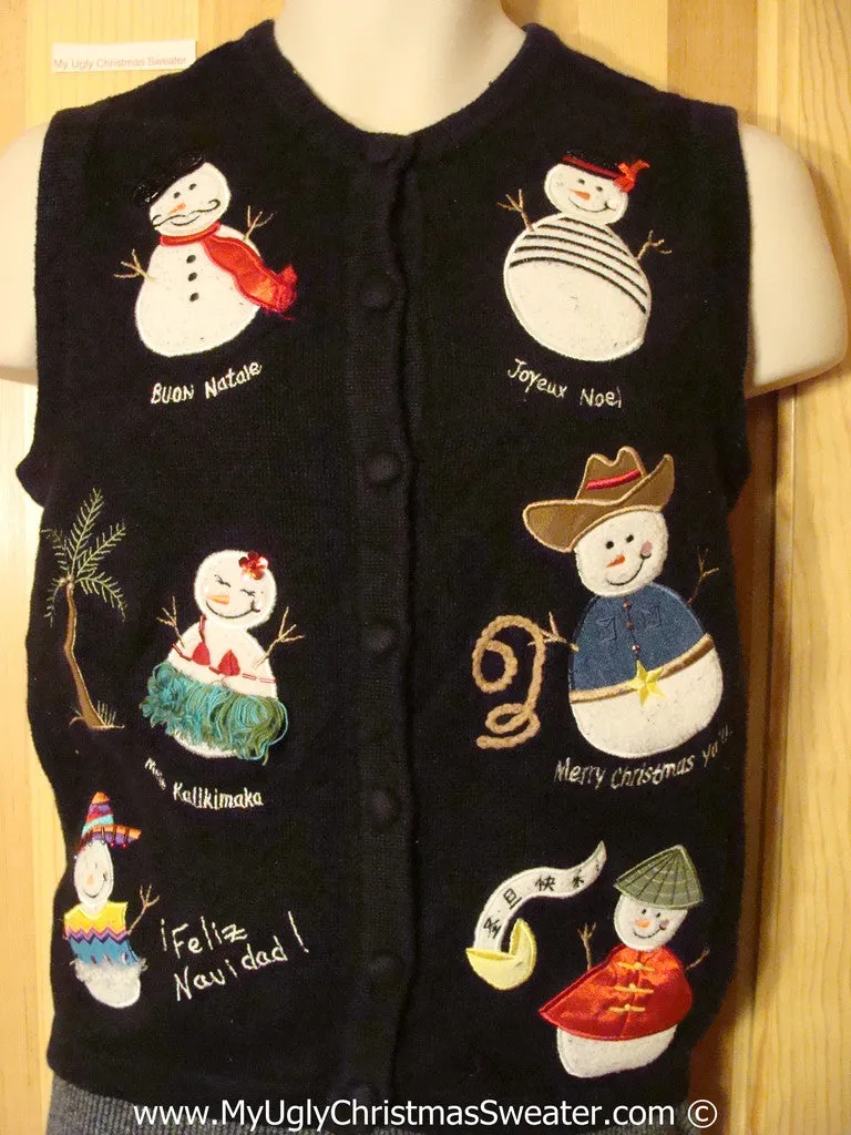 Tacky Christmas Sweater Party Ugly Sweater Vest Snowmen From Around The World Wishing 'Merry Christmas' in Different Languages   (f922)