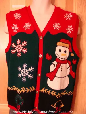 Tacky Christmas Sweater Party Ugly Sweater Vest with 80s Style Grid Design with Huge Snowman    (f941)