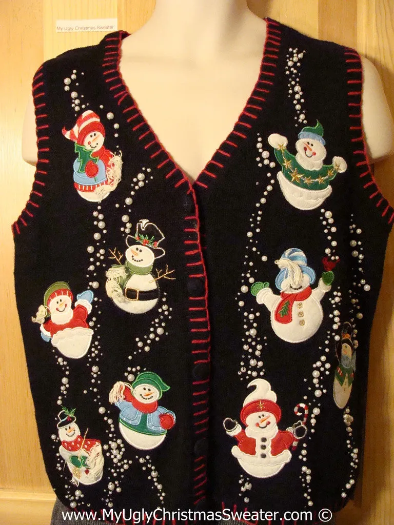 Tacky Christmas Sweater Party Ugly Sweater Vest with Carrot Nosed Snowmen  (f834)