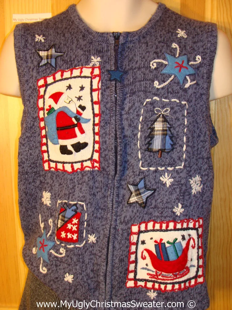 Tacky Christmas Sweater Party Ugly Sweater Vest with Crafty Patchwork Festive Santa, Sleigh, and Gifts (f919)