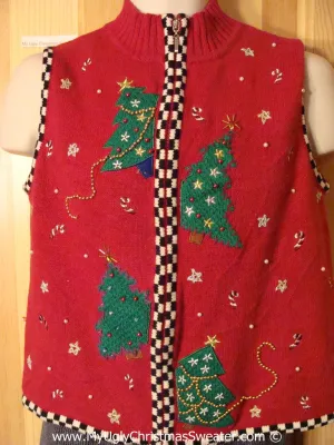 Tacky Christmas Sweater Party Ugly Sweater Vest with Festive Trees and a Checkerboard Trim  (f916)