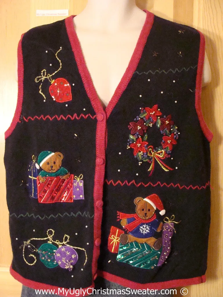 Tacky Christmas Sweater Vest with Bling Bears & Ornaments (f1218)