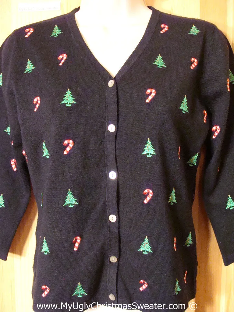 Tacky Christmas Sweater with Candycanes and Trees on Front, Back, and Sleeves (f1202)