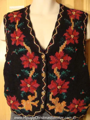 Tacky Holiday Sweater Vest with Bold Poinsettias and Rusty Colored Accents  (f1020)