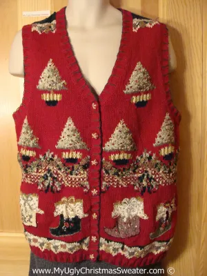 Tacky Holiday Sweater  Vest with Festive Snowy Trees and Festive Stockings (f1015)