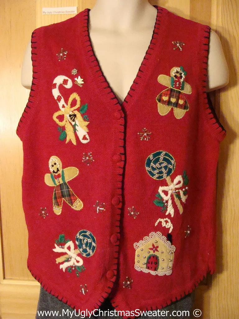 Tacky Holiday Sweater Vest with Gingerbread Men and Candy Canes  (f1074)