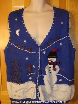 Tacky Holiday Sweater Vest with Huge Carrot Nosed Snowman in a Nighttime Winter Scene (f1022)