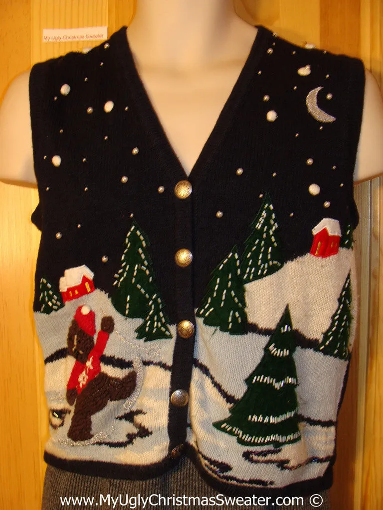 Tacky Holiday Sweater Vest with Marching Festive Bear Guarding a Winter Wonderland Town at Night  (f1064)