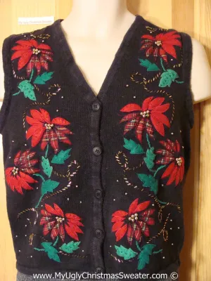 Tacky Holiday Sweater  Vest with Plaid Festive Poinsettias (f1065)