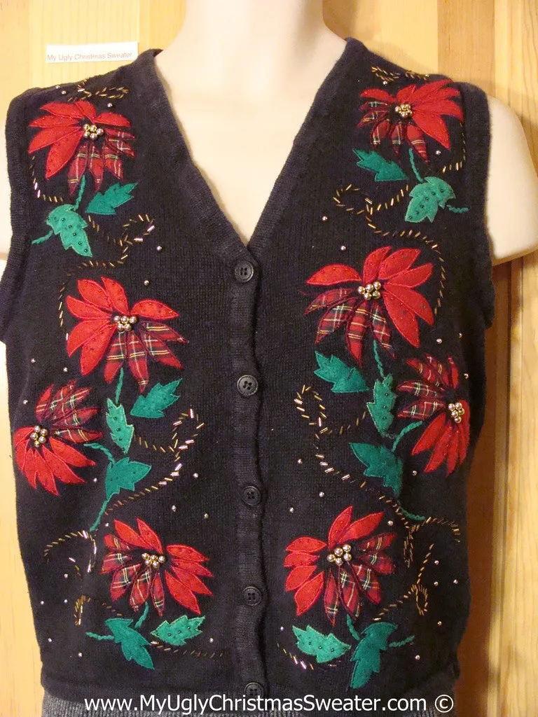 Tacky Holiday Sweater  Vest with Plaid Festive Poinsettias (f1065)