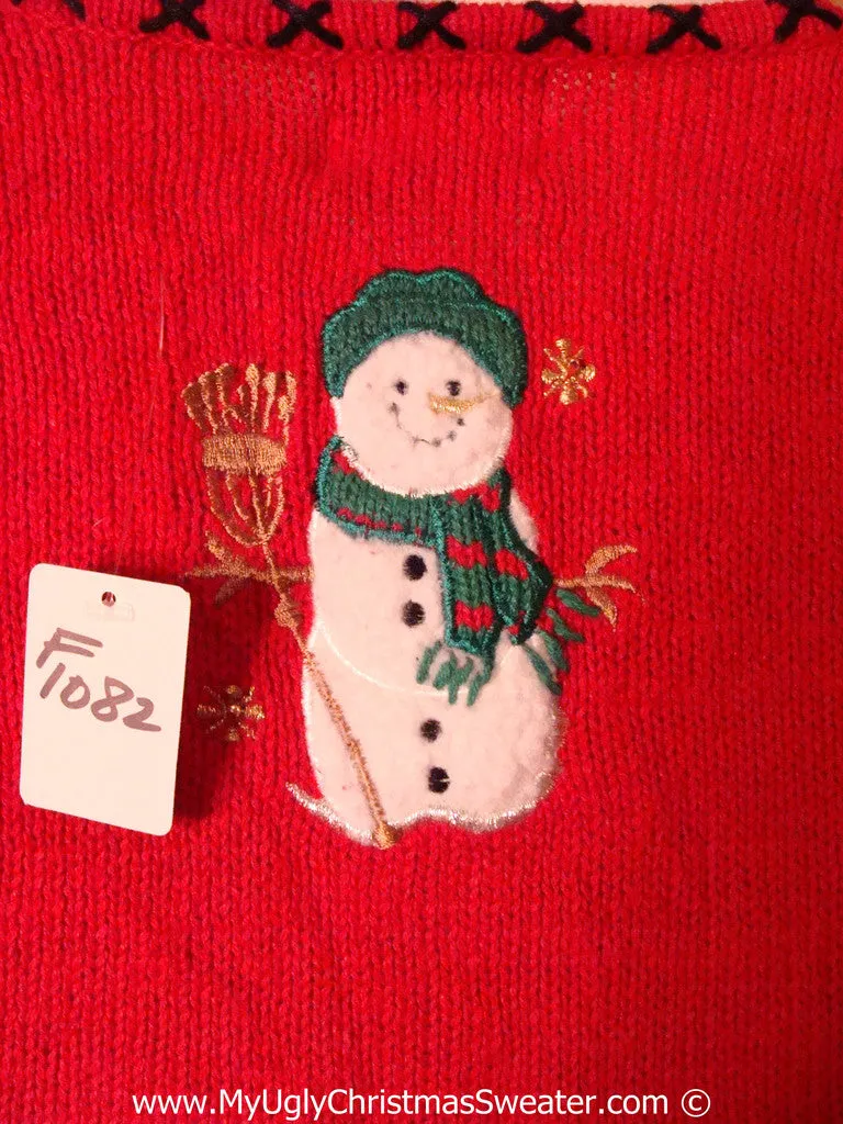 Tacky Holiday Sweater with Festive Snowflakes and Snowmen (f1082)