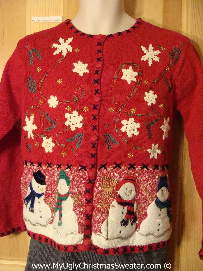 Tacky Holiday Sweater with Festive Snowflakes and Snowmen (f1082)