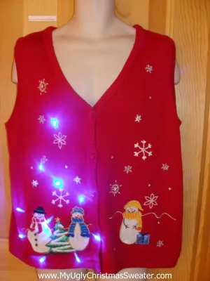 Tacky Light Up Christmas Sweater Vest with Festive Colorful Snowmen