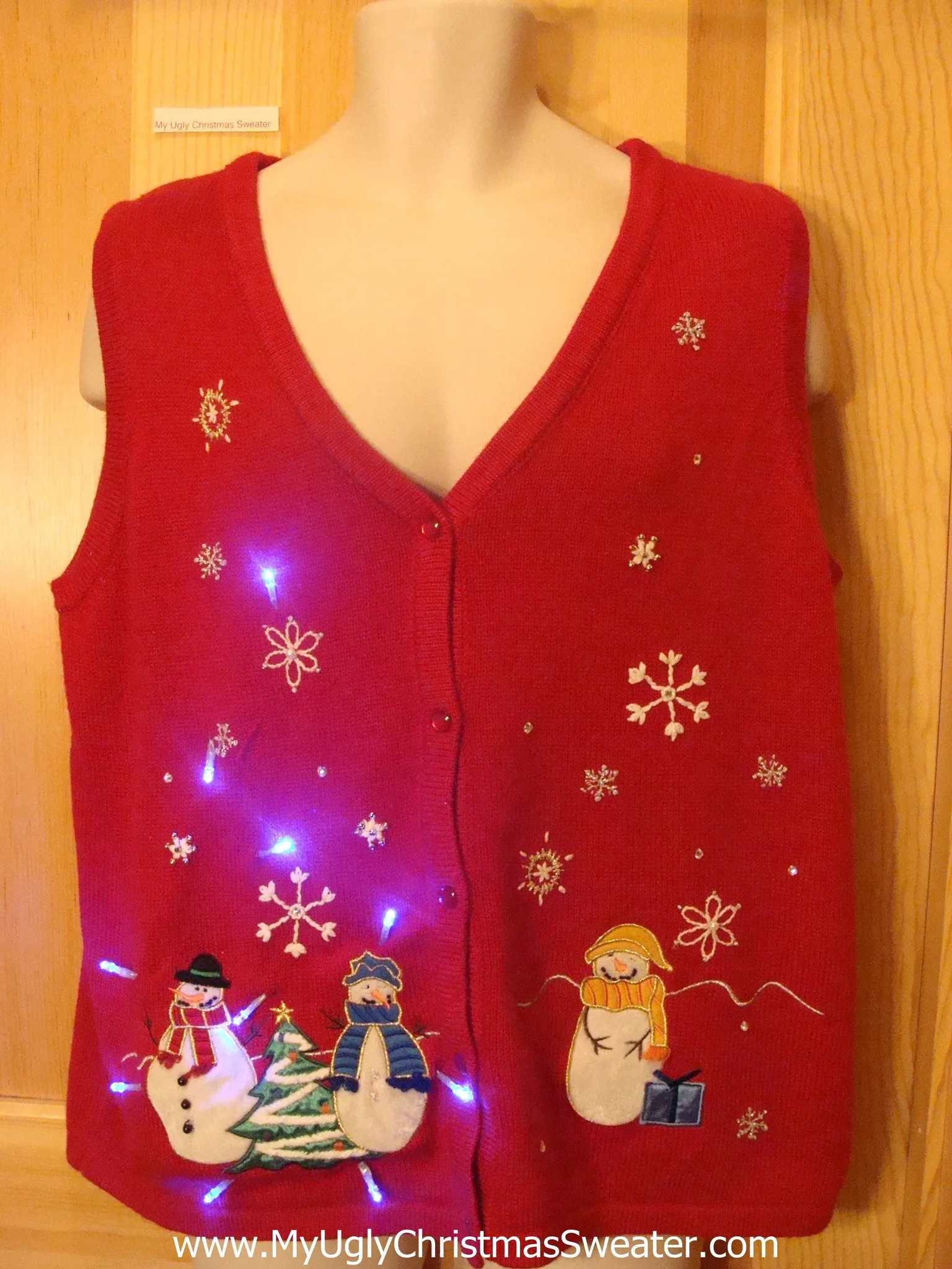 Tacky Light Up Christmas Sweater Vest with Festive Colorful Snowmen