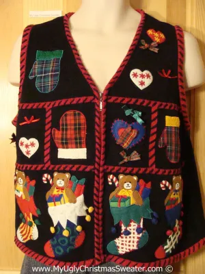 Tacky Plaid Themed Cheesy Holiday Sweater Vest with Mittens and Stockings (f1158)