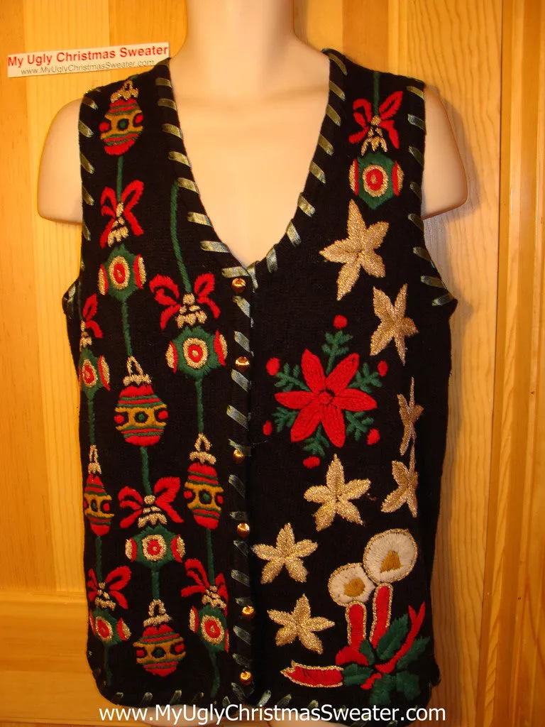 Tacky Ugly Christmas Sweate Vest with Gold Embroiderey Ornaments and Poinsettias (f71)