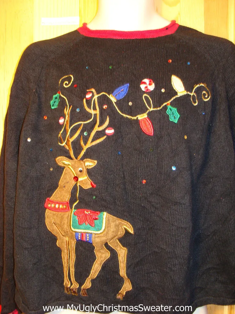 Tacky Ugly Christmas Sweater Giant Reindeer with Decorated Antlers (f298)