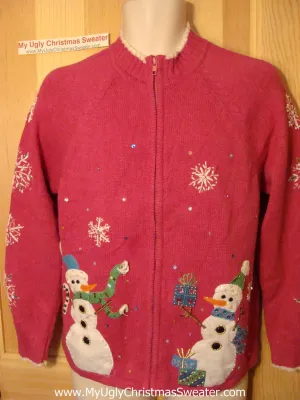 Tacky Ugly Christmas Sweater Snowmen and Snowflakes (f8)