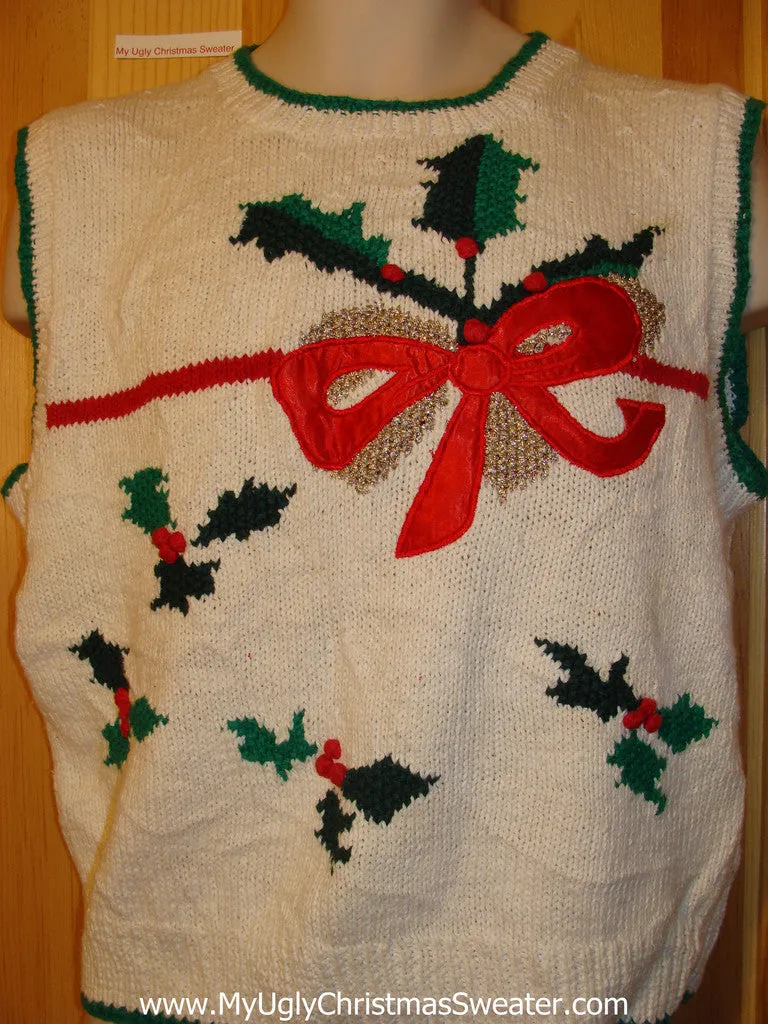 Tacky Ugly Christmas Sweater Vest 80s Style with Bow and Ivy (f350)