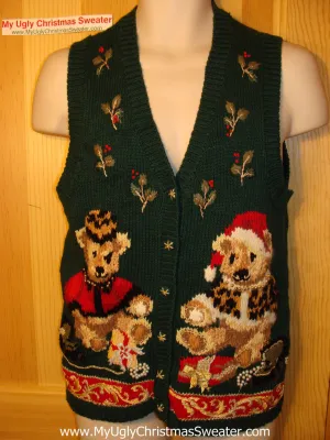 Tacky Ugly Christmas Sweater Vest. 80s Style  with Two Festive Holiday Bears and Ivy (f108)