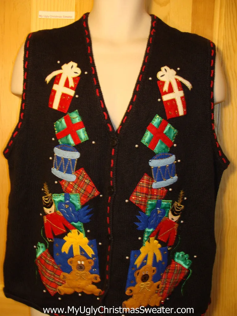 Tacky Ugly Christmas Sweater Vest Bears and Tumbling Stacked Gifts (f207)