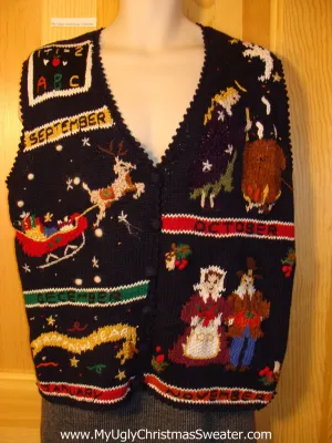 Tacky Ugly Christmas Sweater Vest for 5 Months of Tacky Fun (Back to School, Halloween, Pilgrams, Santas Sleigh, and Happy New Year) (f716)