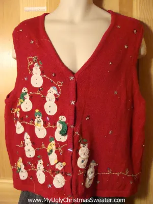 Tacky Ugly Christmas Sweater Vest with a Pyramid of Snowmen (f768)