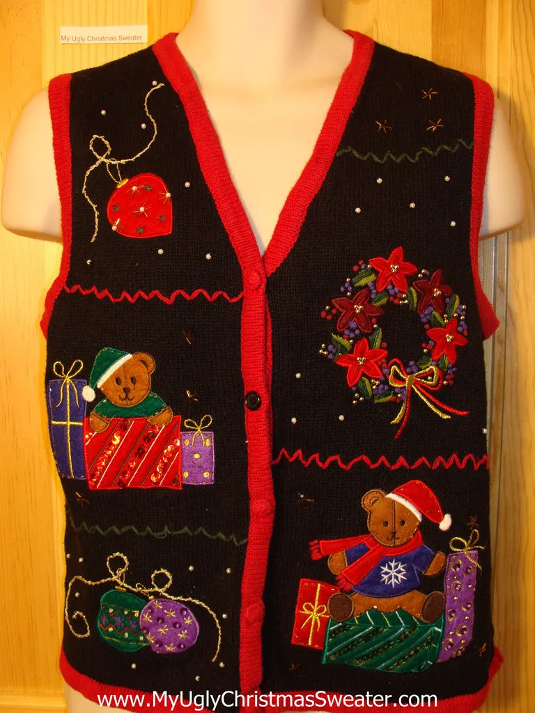 Tacky Ugly Christmas Sweater Vest with Bead Bling and Bears (f401)