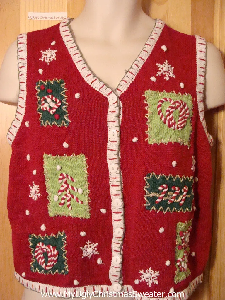 Tacky Ugly Christmas Sweater Vest with Candy Cane Trim (f387)