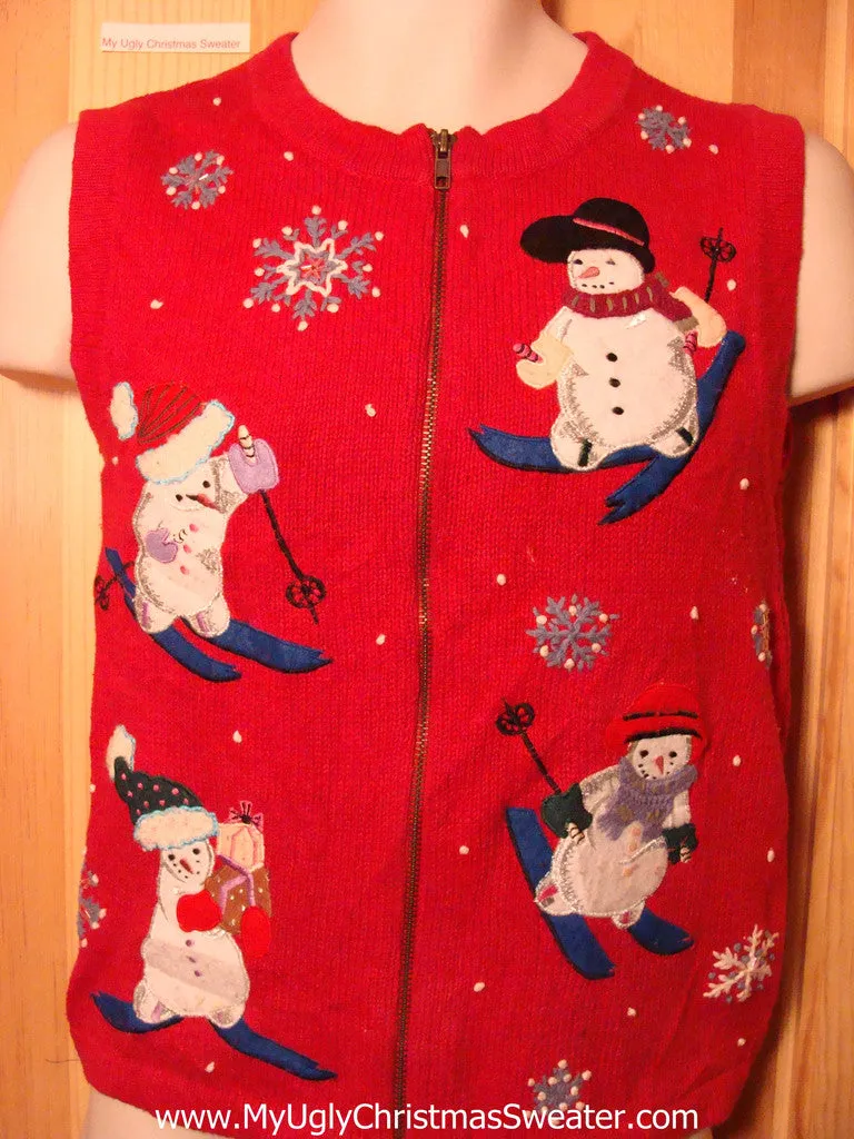 Tacky Ugly Christmas Sweater Vest with Four Snowman Children Skiing (f281)