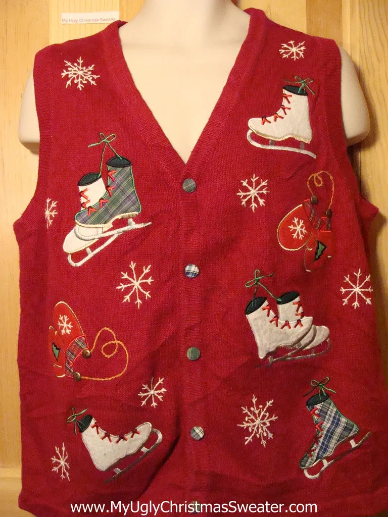 Tacky Ugly Christmas Sweater Vest with Skates and Mittens (f287)