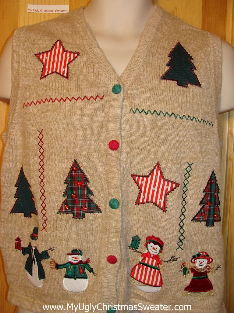 Tacky Ugly Christmas Sweater Vest with Snowmen and Trees and Striped Stars   (f254)