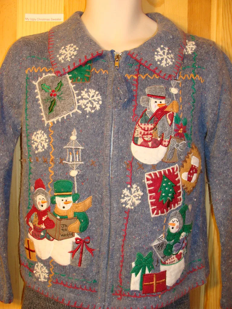 Tacky Ugly Christmas Sweater with Festive Snowmen in a Crafty Themed Mess of Decorations  (f491)