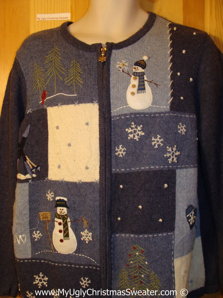 Tacky Ugly Christmas Sweater with Patch-work Grid of Snowmen, Trees, and Snowflakes (f792)