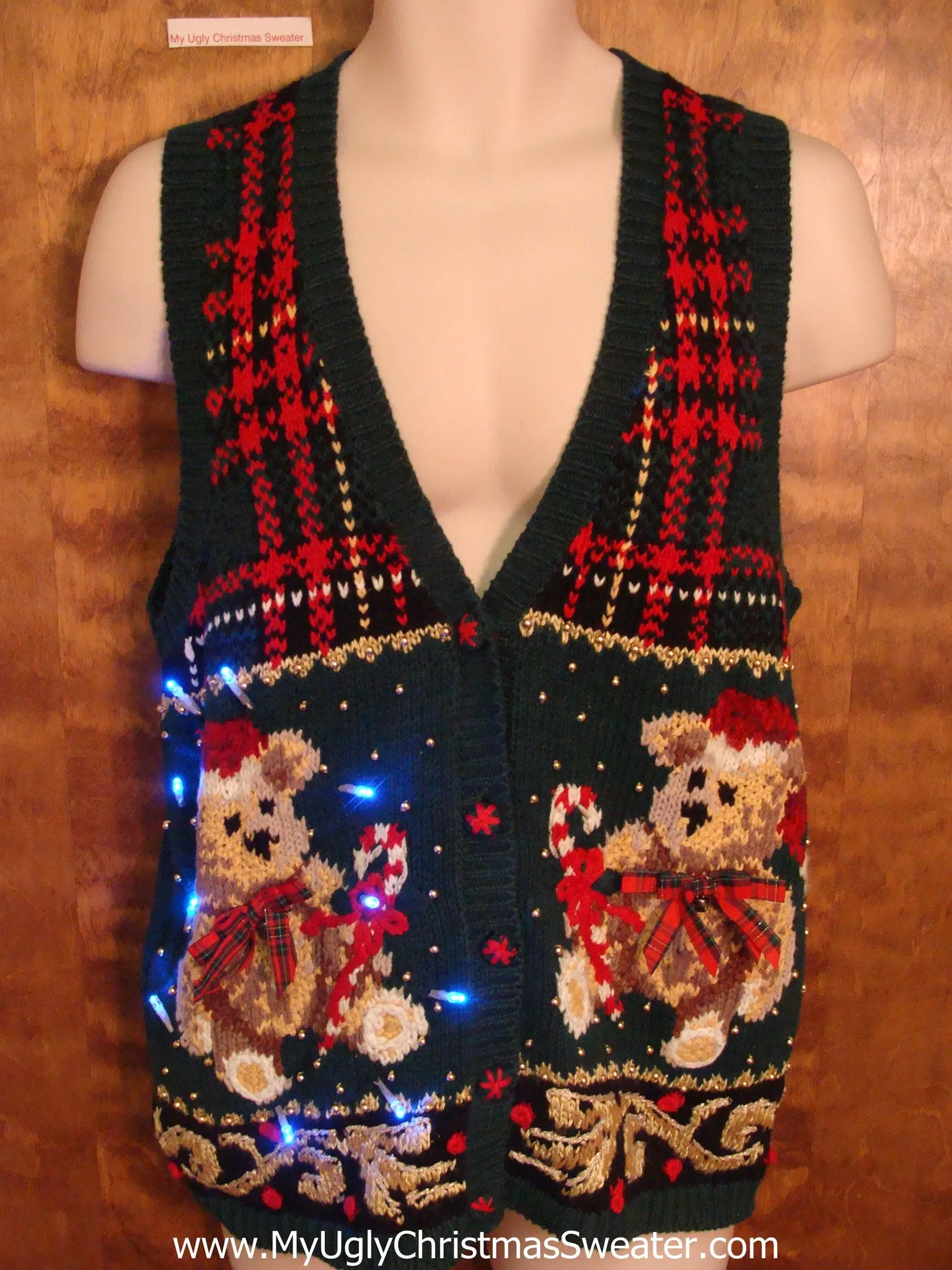 Teddy Bear Party and Plaid Light Up Ugly Xmas Sweater Vest