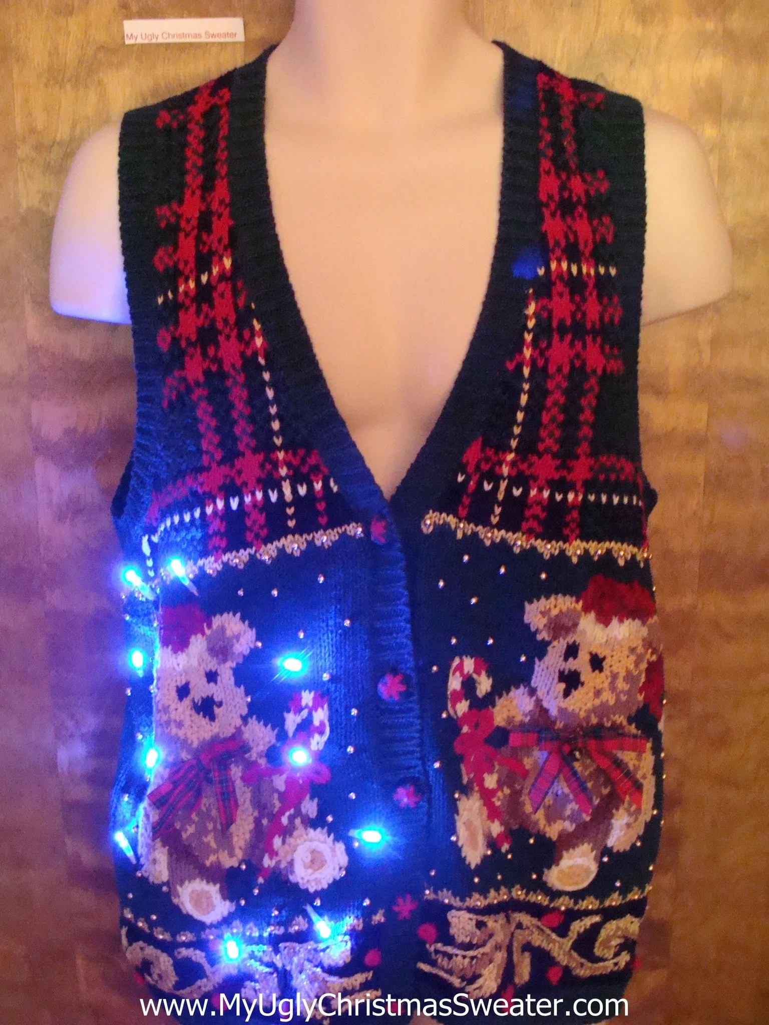 Teddy Bear Party and Plaid Light Up Ugly Xmas Sweater Vest