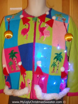 Tropical Themed 3D Ugly Christmas Sweater with Lights Flamingos (t12)