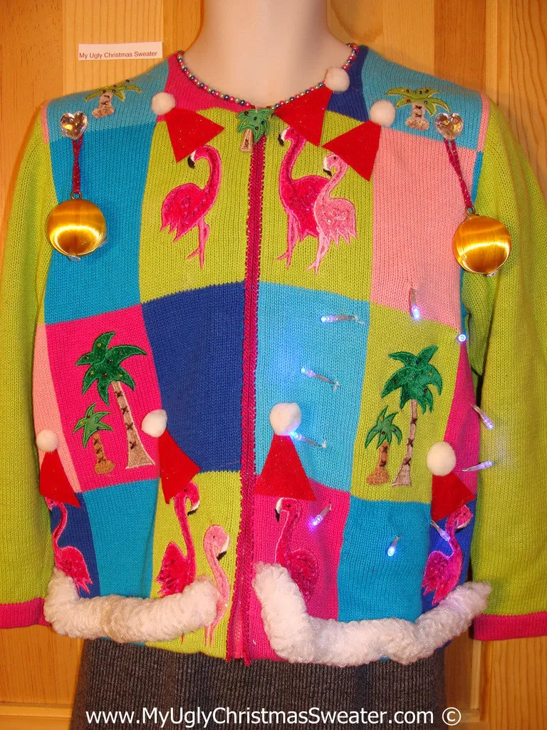 Tropical Themed 3D Ugly Christmas Sweater with Lights Flamingos (t12)