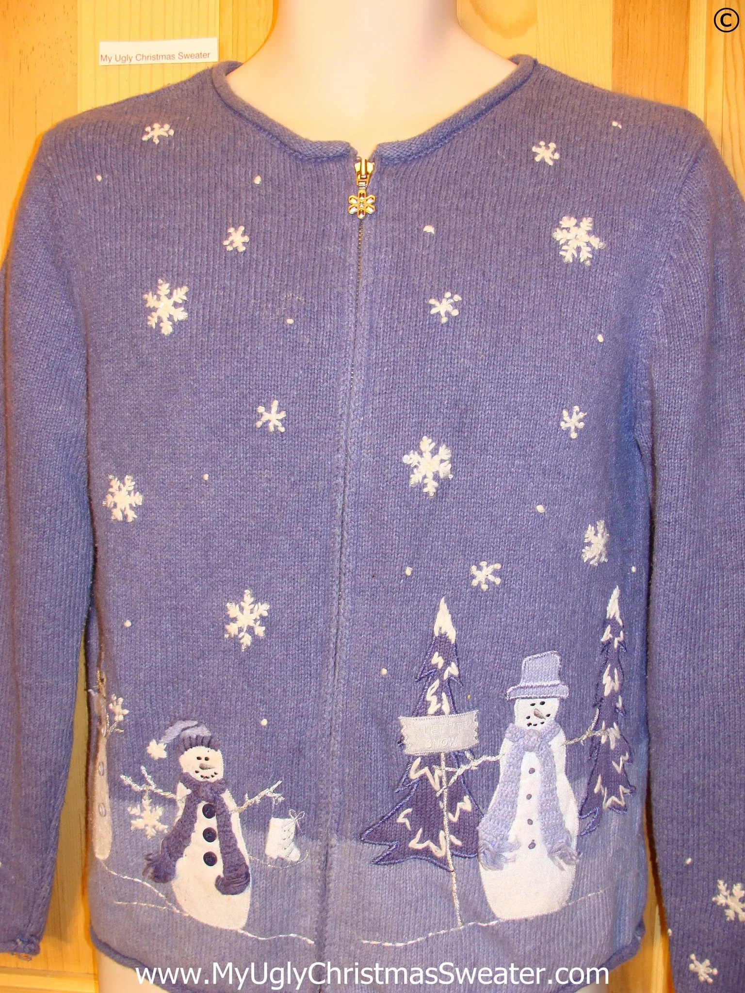 Two Sided Zip Blue Snowman Cheap Christmas Sweater