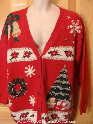 Ugly Christmas Sweater Cardigan with Poinsettias