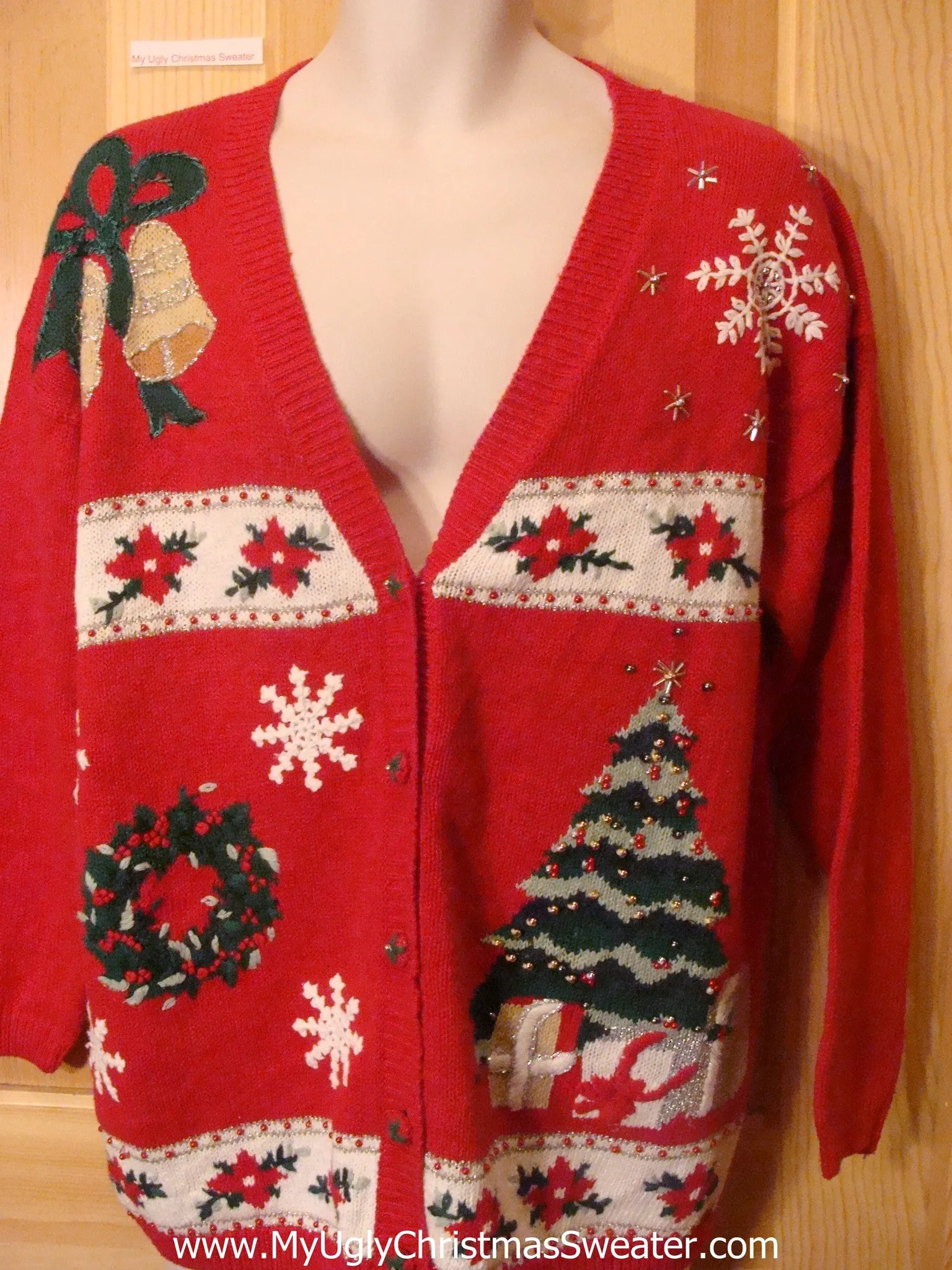 Ugly Christmas Sweater Cardigan with Poinsettias