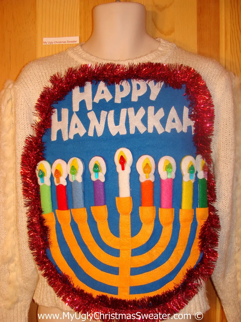 Ugly Christmas Sweater Party Hanukkah Sweater  Menorah 80s Style (j305)