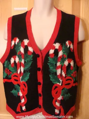 Ugly Christmas Sweater Vest 80s Huge Candycanes