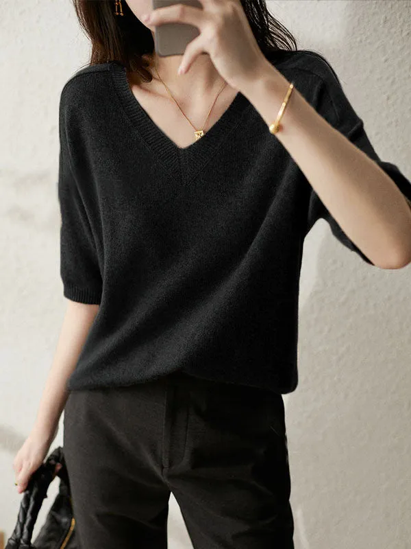 Urban Solid Color V-Neck Knitting Pullover