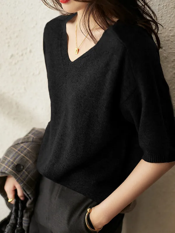 Urban Solid Color V-Neck Knitting Pullover