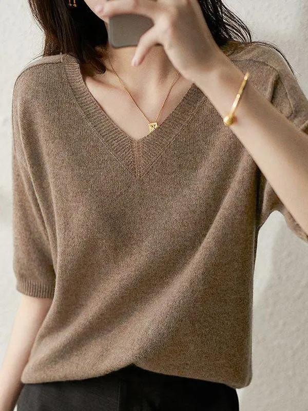 Urban Solid Color V-Neck Knitting Pullover