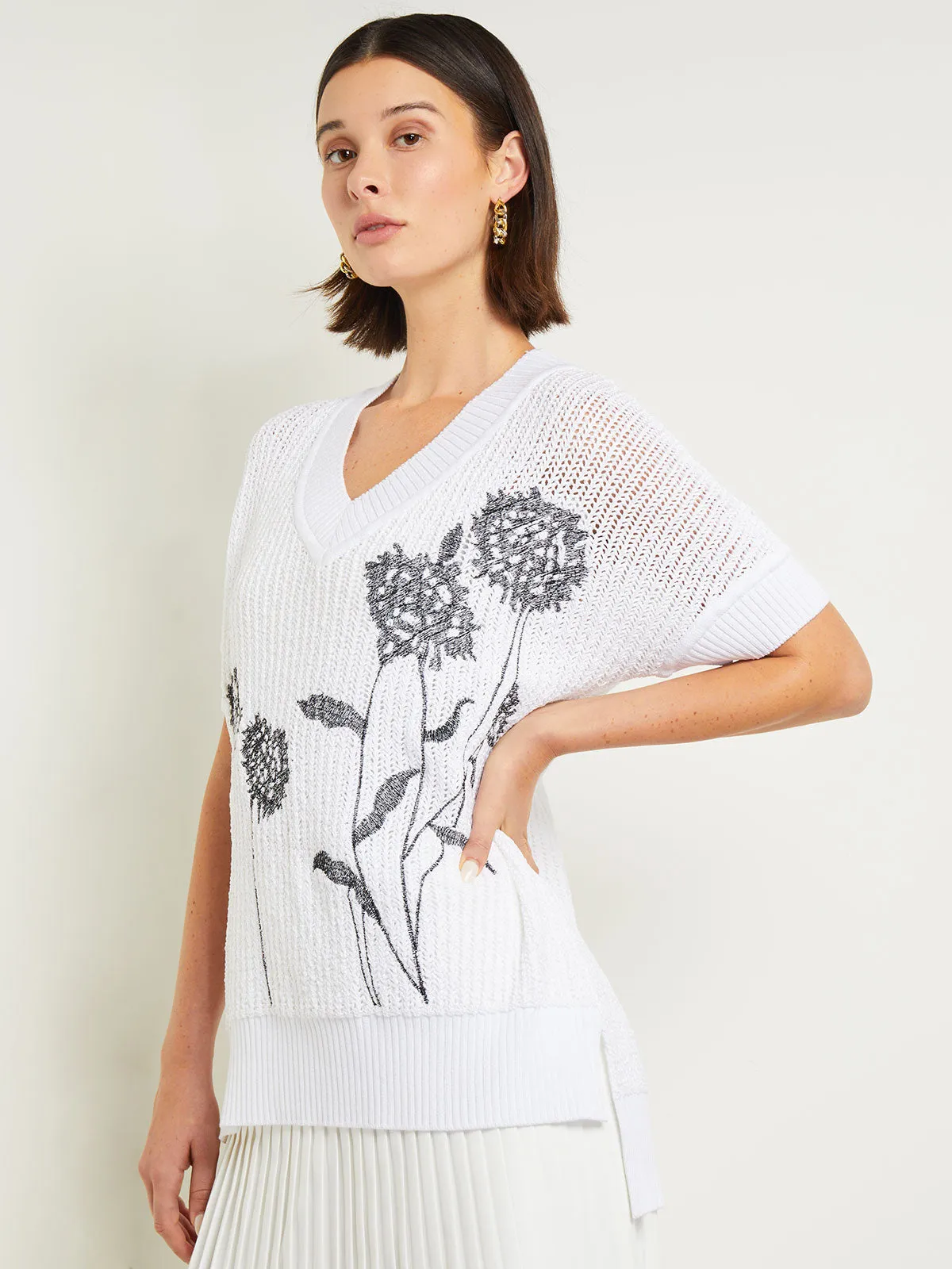 V-Neck Short Sleeve Tunic - Embroidered Crochet Knit